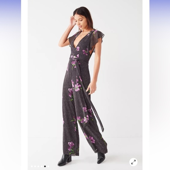 Urban Outfitters Gratilda Ruffle Black Purple Floral  Print backless Jumpsuit 2 - Picture 1 of 16